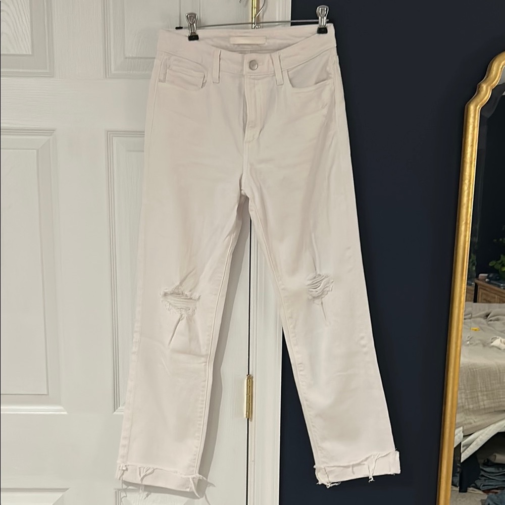 Joe's Jeans White The Nikki Mid Rise Boyfriend Straight Leg Distressed Denim